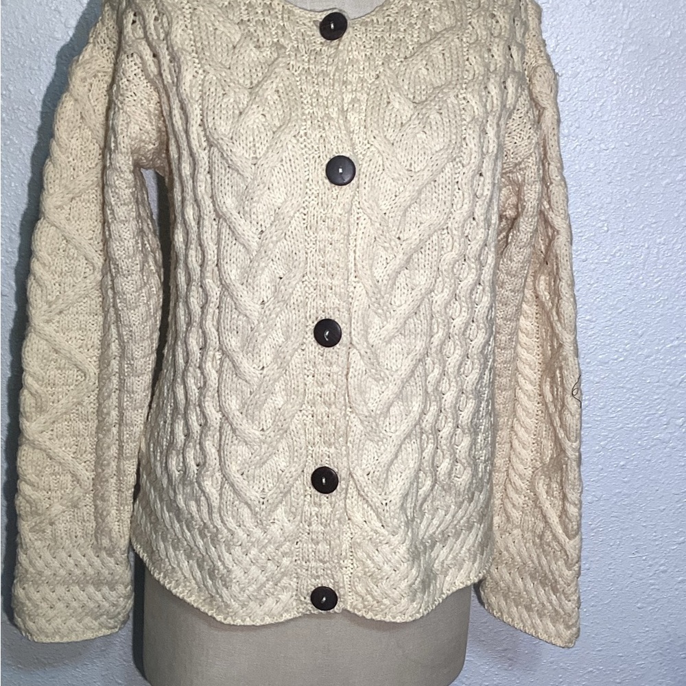 Carraigdonn 100% merino wool Cable Knit Cream Sweater size large - Picture 6 of 13